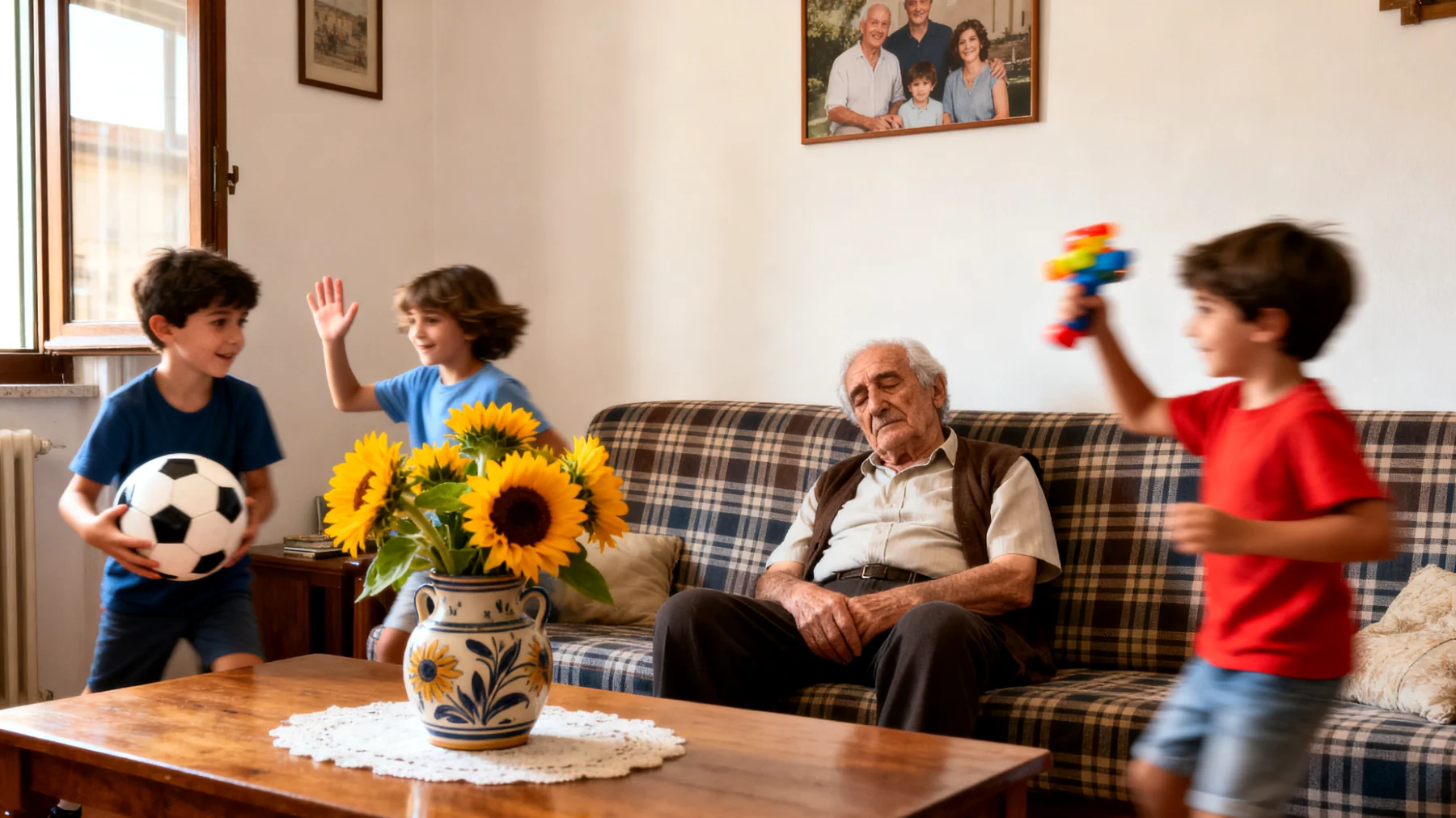 Il nonno si sente fisicamente ed emotivamente esausto nel prendersi cura dei nipoti bambini, faticando a tenere il passo con la loro energia e le richieste continue, con poco tempo per riposare e recuperare le forze"
